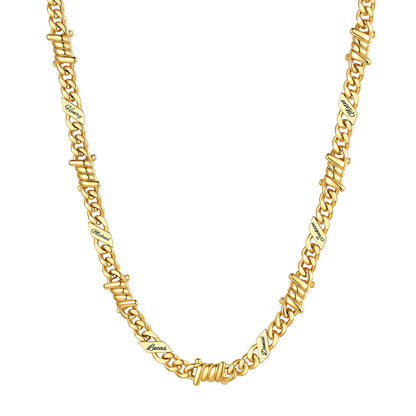 Personalized 6 Names Barbed Wire Cuban Link Necklace 7mm on a white background Gold Plated
