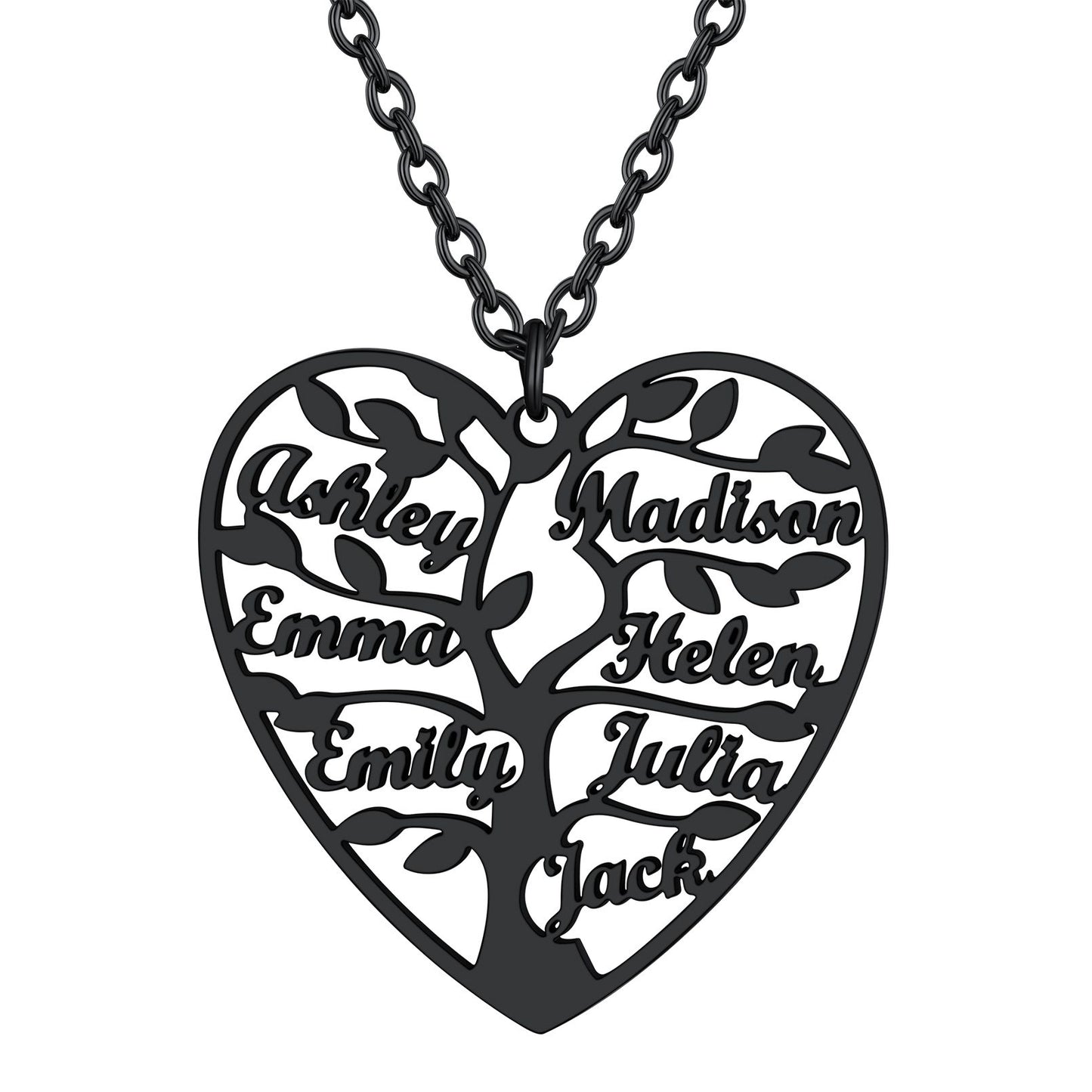 Personalized 7 Name Family Tree of Life Heart Necklace Black