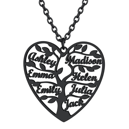 Personalized 7 Name Family Tree of Life Heart Necklace Black