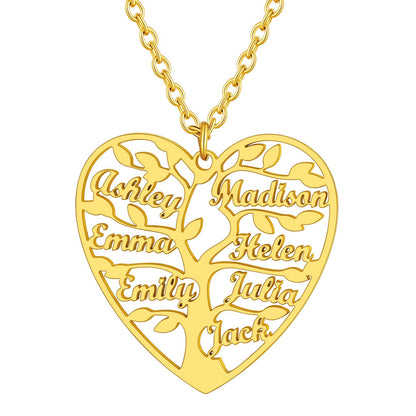 Personalized 7 Name Family Tree of Life Heart Necklace Gold Plated