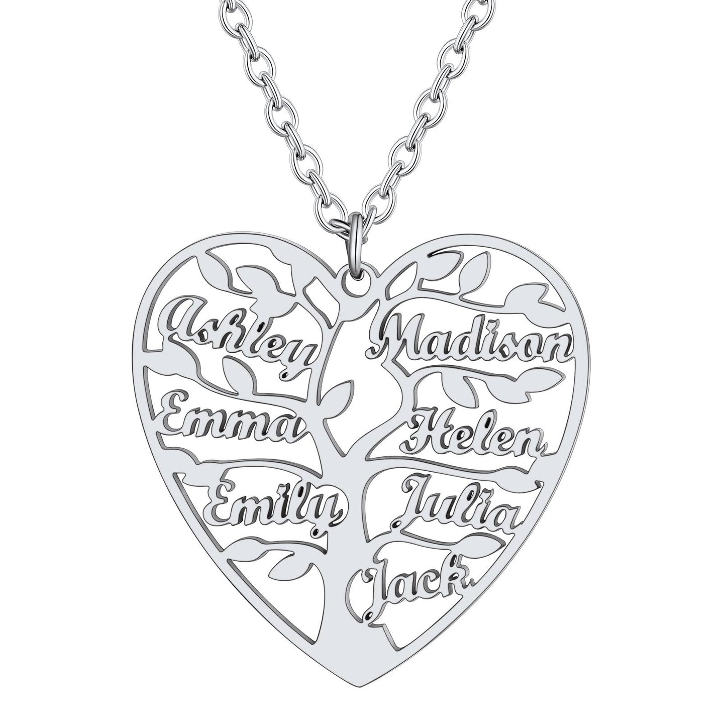 Personalized 7 Name Family Tree of Life Heart Necklace Steel