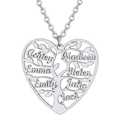 Personalized 7 Name Family Tree of Life Heart Necklace Steel