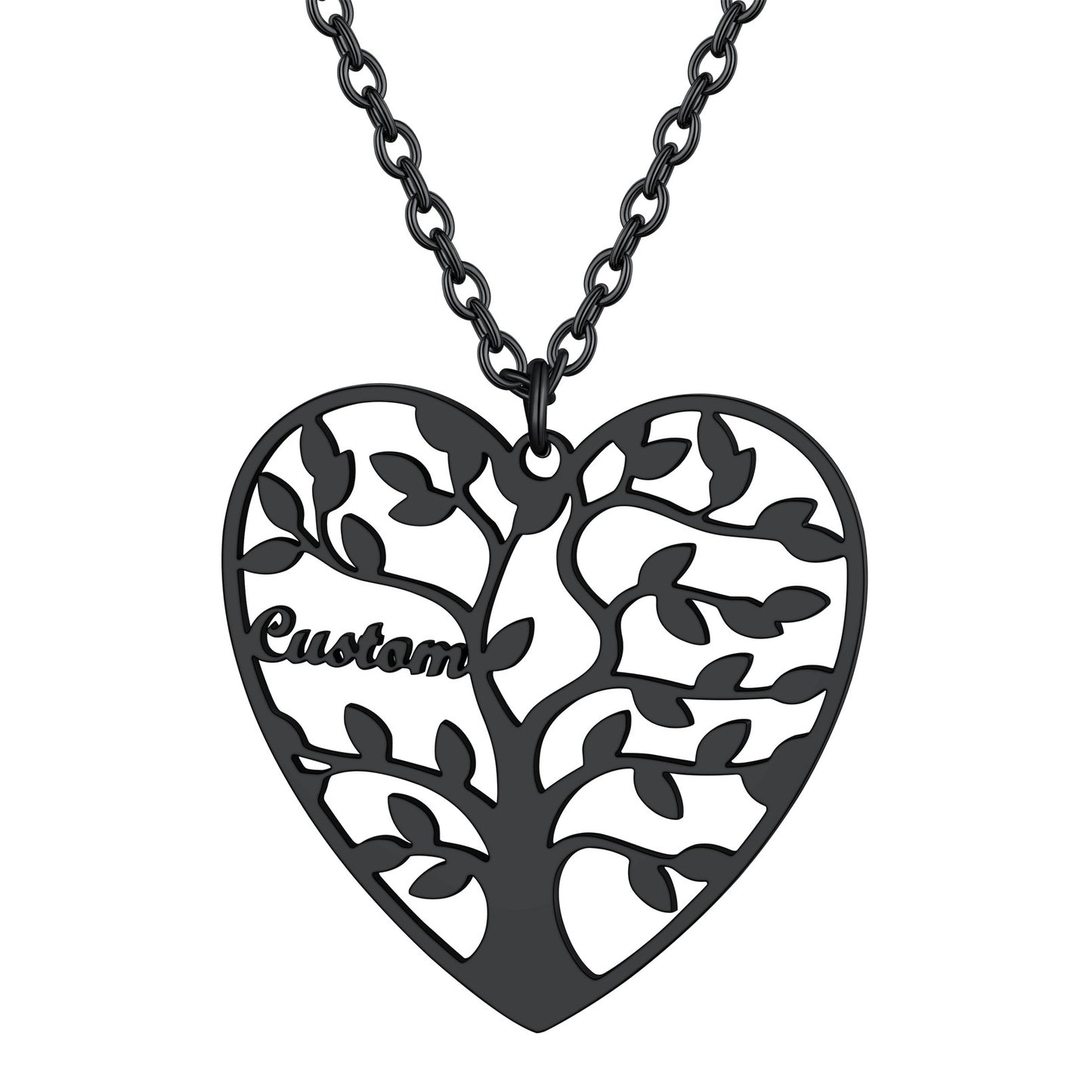 Personalized 8 Name Family Tree of Life Heart Necklace Black