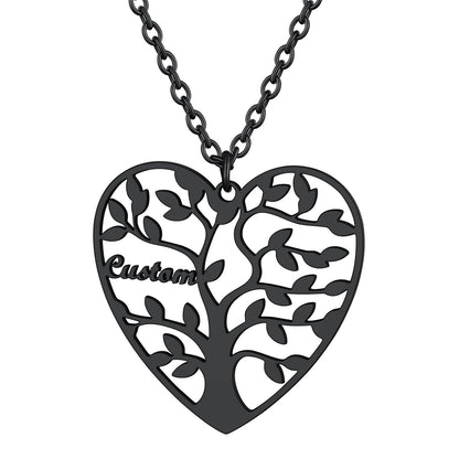 Personalized 8 Name Family Tree of Life Heart Necklace Black