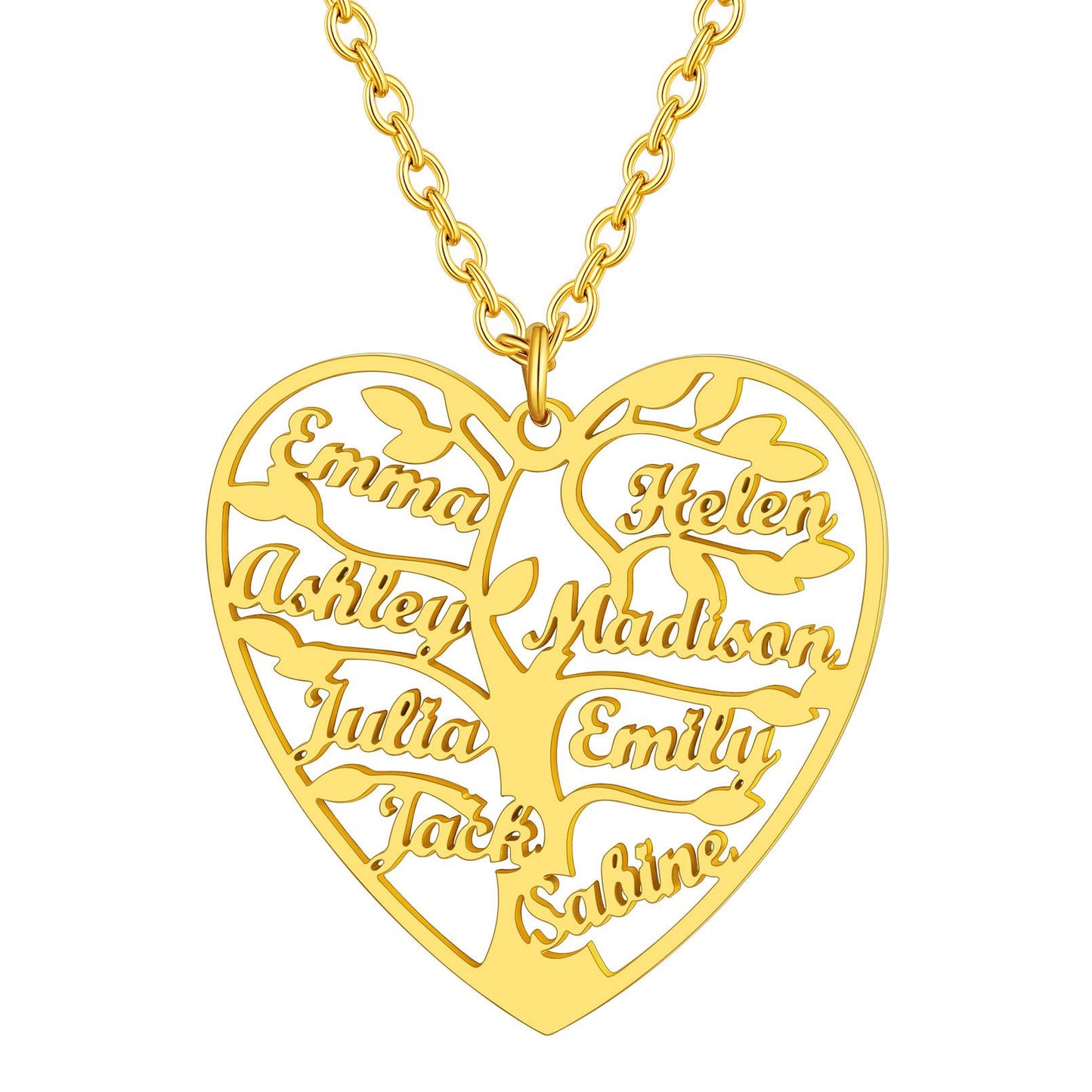 Personalized 8 Name Family Tree of Life Heart Necklace Gold Plated