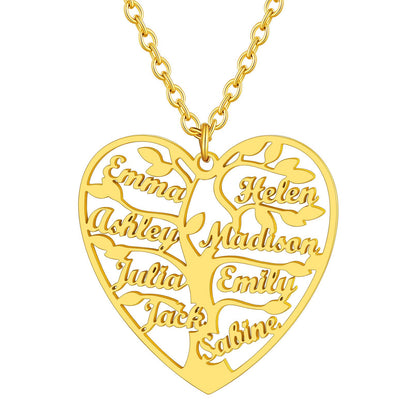 Personalized 8 Name Family Tree of Life Heart Necklace Gold Plated