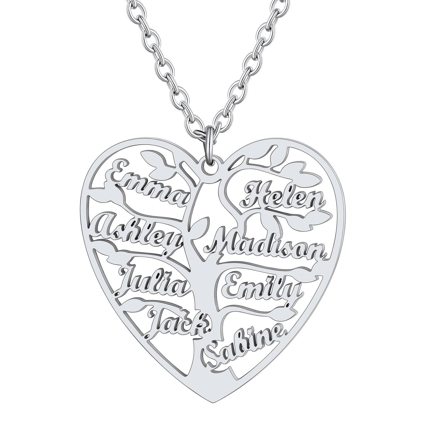 Personalized 8 Name Family Tree of Life Heart Necklace Steel