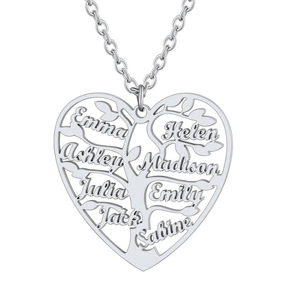 Personalized 8 Name Family Tree of Life Heart Necklace Steel
