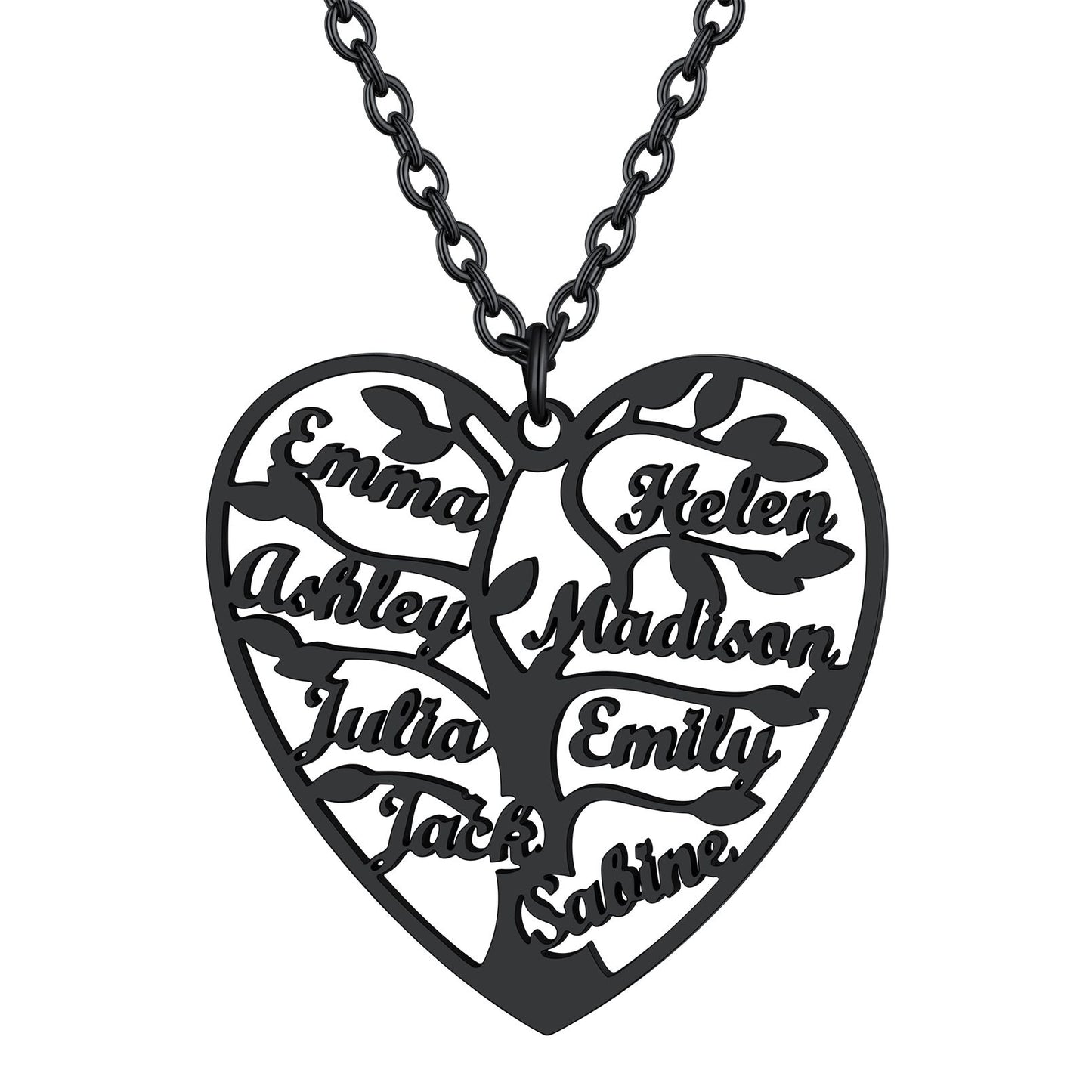 Personalized 8 Names Family Tree of Life Heart Necklace Black
