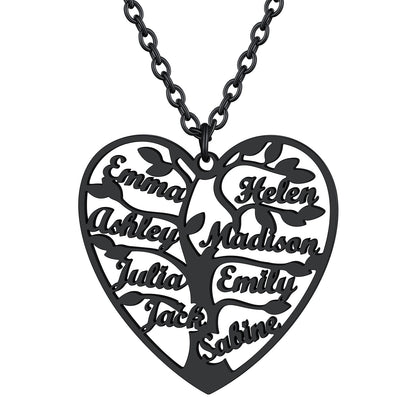 Personalized 8 Names Family Tree of Life Heart Necklace Black
