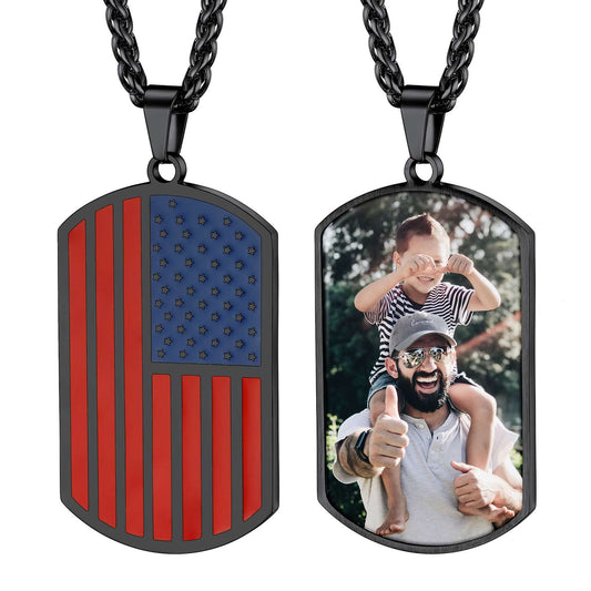 Personalized American Flag Picture Necklace Black Plated
