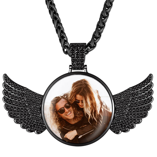 Personalized Angel Wings Picture Necklace with black Cubic Zirconia on the white background