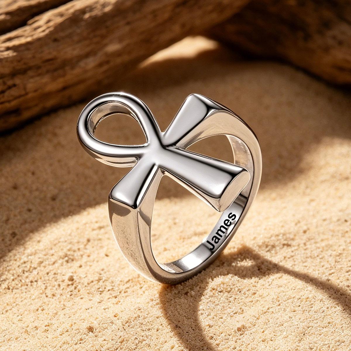 Personalized Ankh Cross Ring in steel
