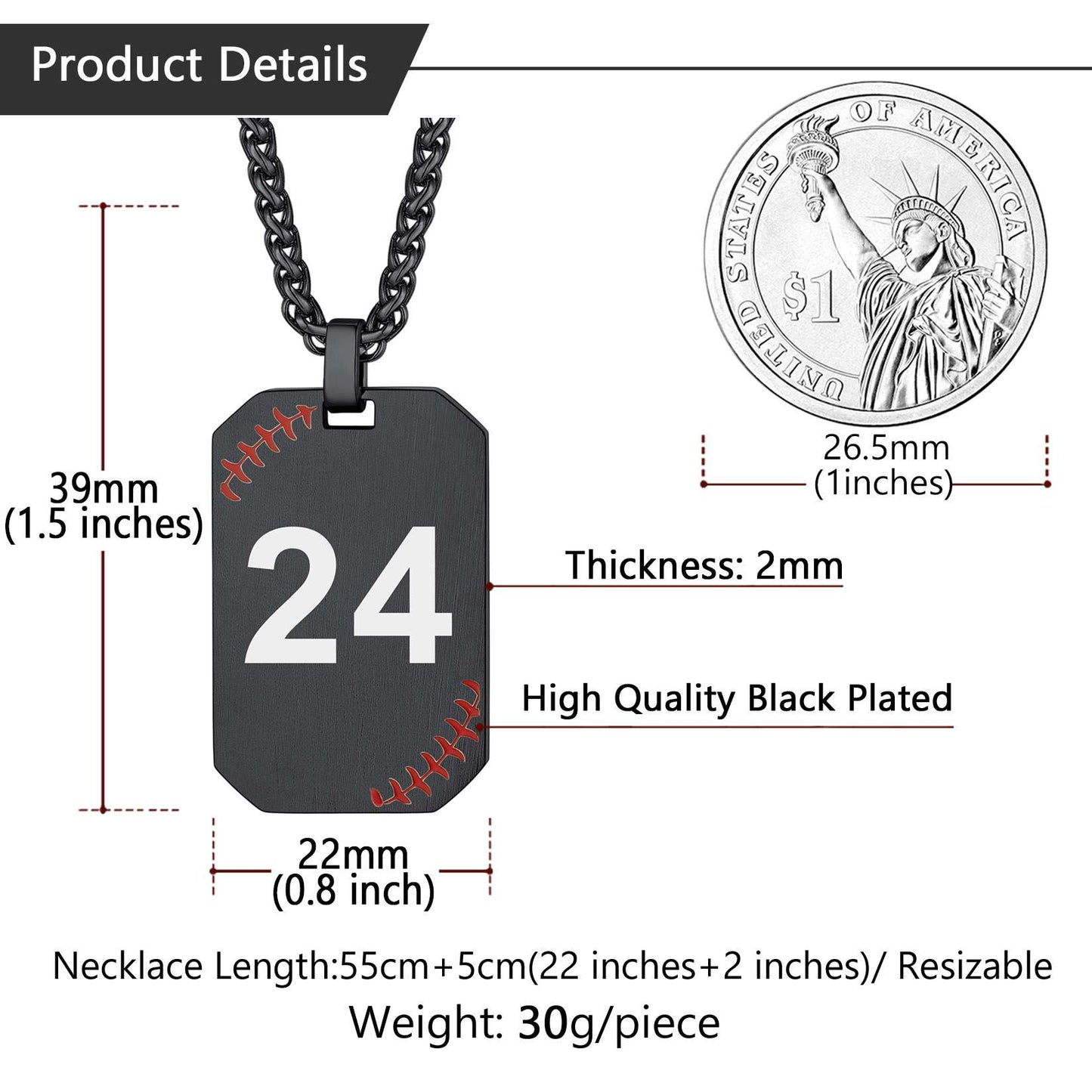 Personalized Baseball Dog Tag Necklaces with Number Dimension, Durable