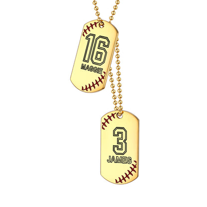Personalized Baseball Number Dog Tag Necklaces 2 tag gold