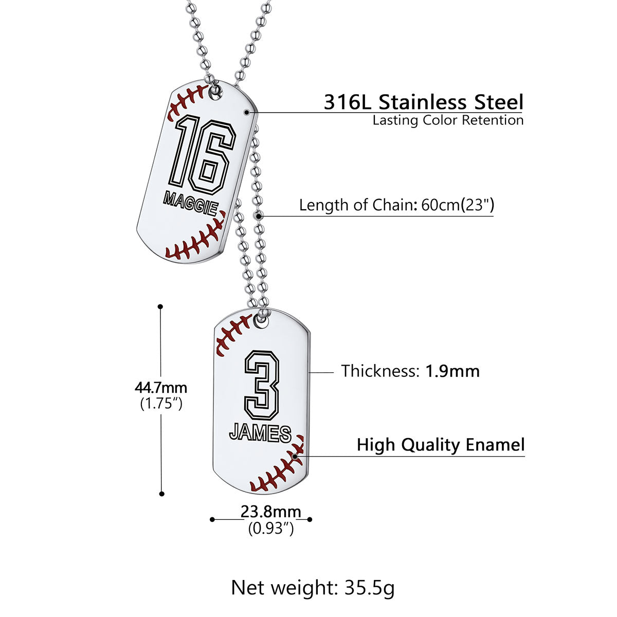 Personalized Baseball Number Dog Tag Necklaces Dimension, Durable