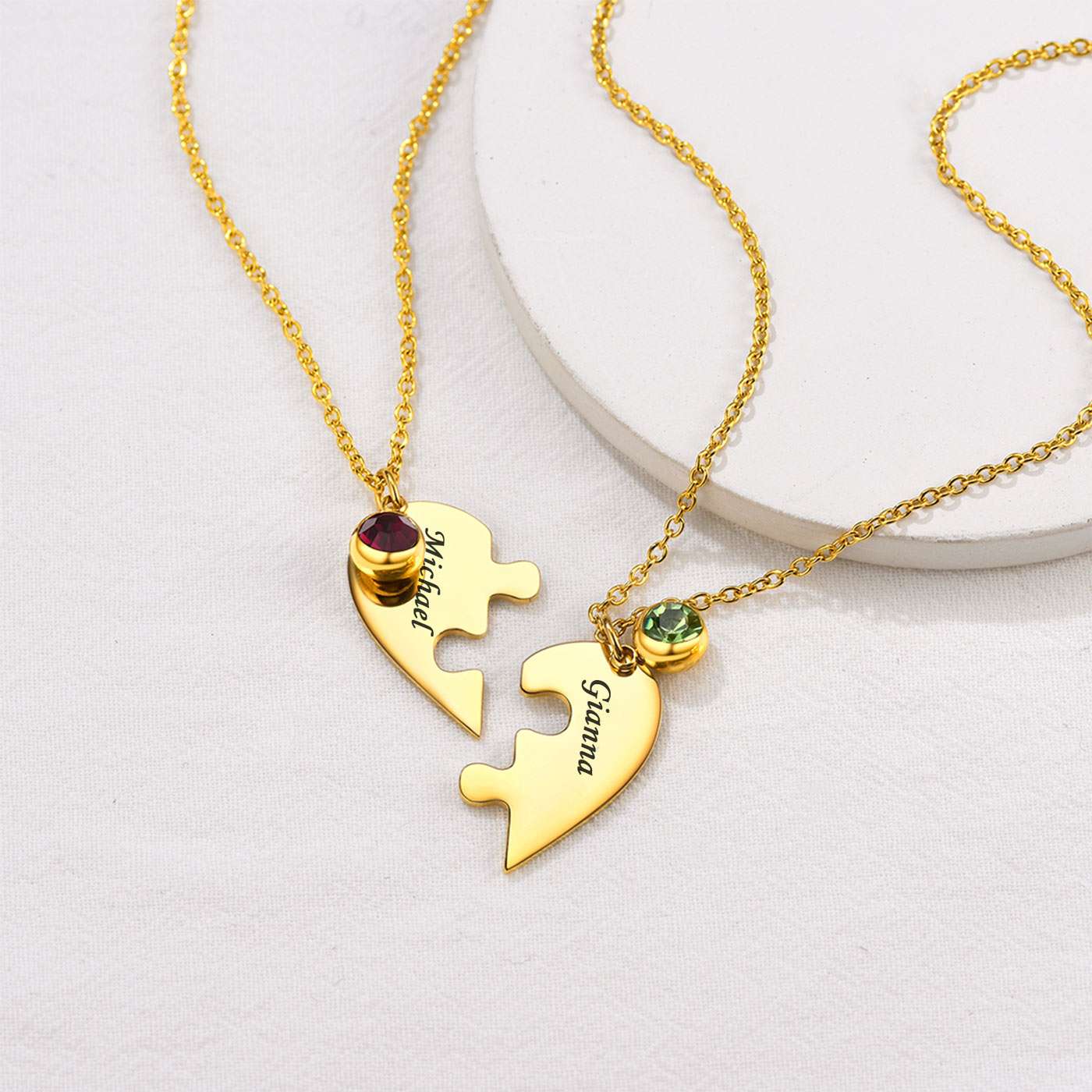 Personalized Birthstone Heart Puzzle Matching Necklaces