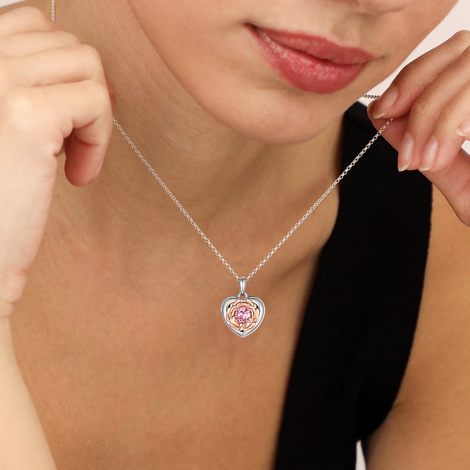 Personalized Birthstone Rose Heart Locket Necklace