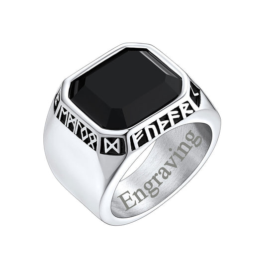 Personalized Black Onyx Signet Band Ring With Runes for Men