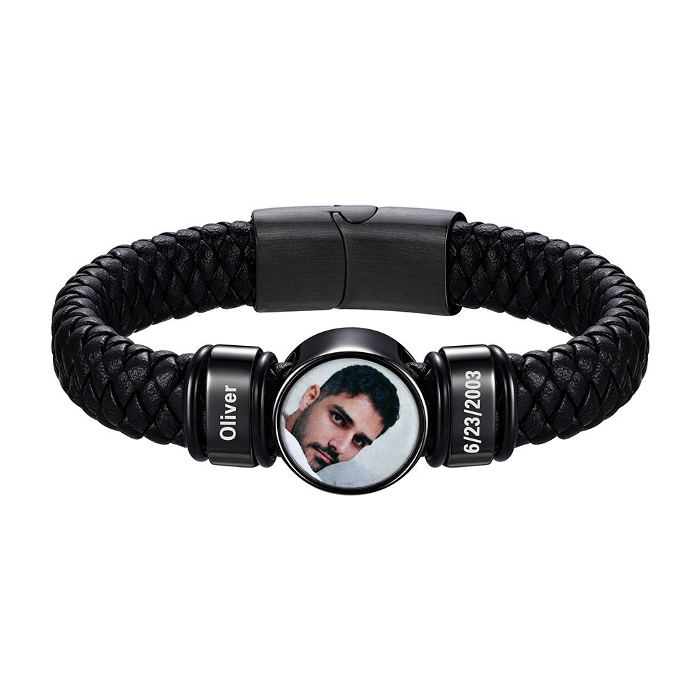 Personalized Black Plated Name Round Photo Braided Leather Bracelet for Men on a white background