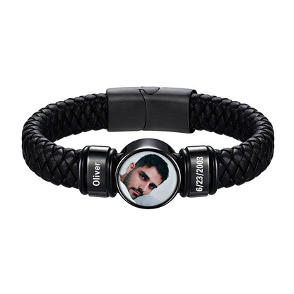 Personalized Black Plated Name Round Photo Braided Leather Bracelet for Men on a white background