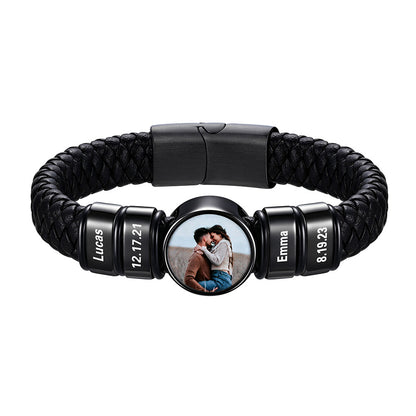 Personalized Black Plated Round Photo Braided Leather Bracelet for Men on a white background