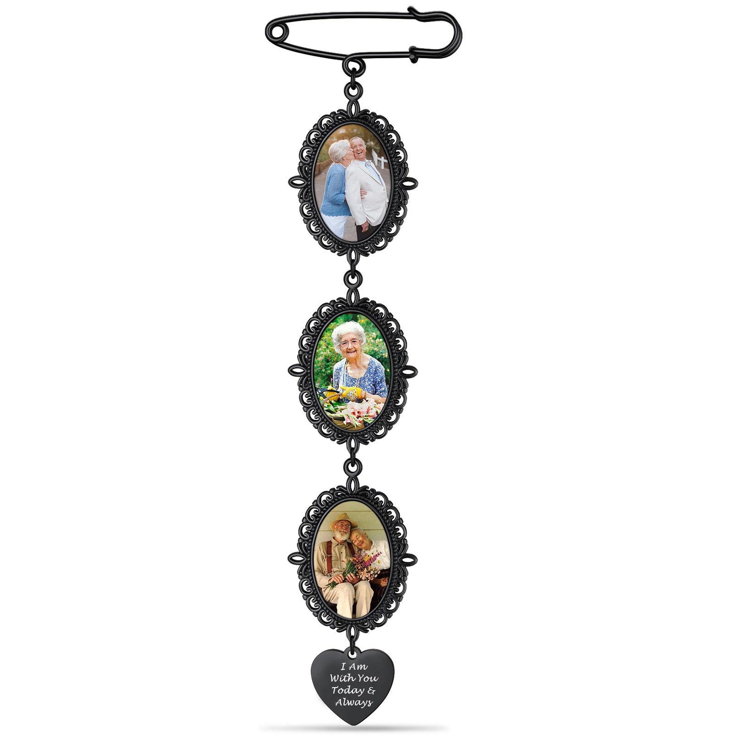 Personalized Bouquet Photo Charms Brooch Pins 3 photos on a white background