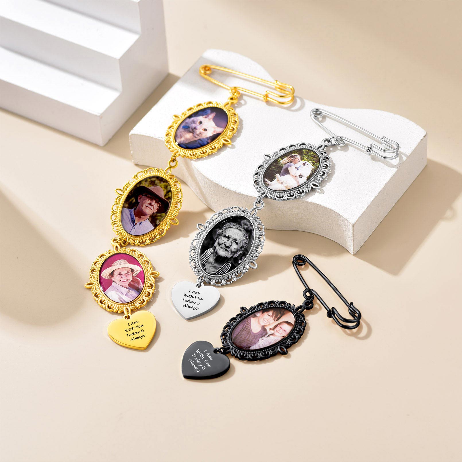Personalized Bouquet Photo Charms Brooch Pins in different lying on a cream-colored background