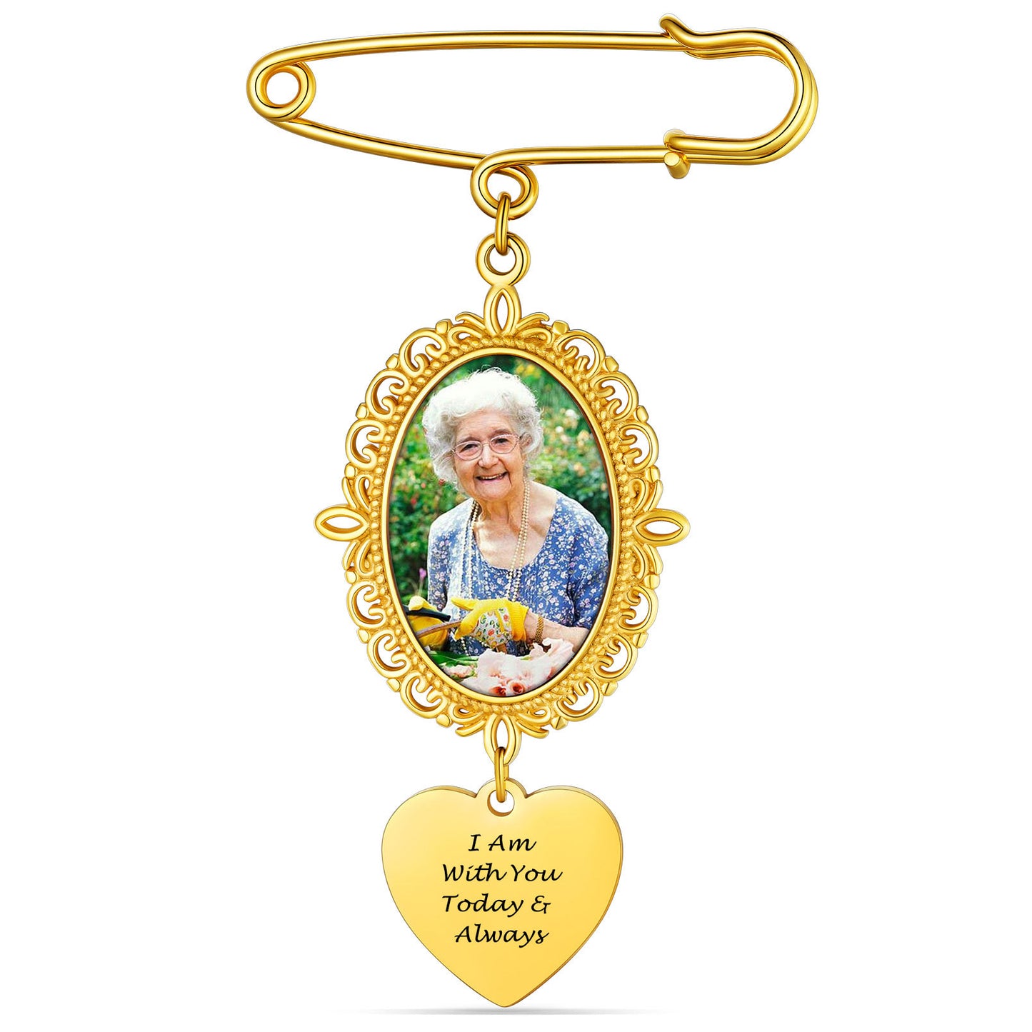 Personalized Bouquet Photo Charms Memorial Brooch Pins Gold on a white background