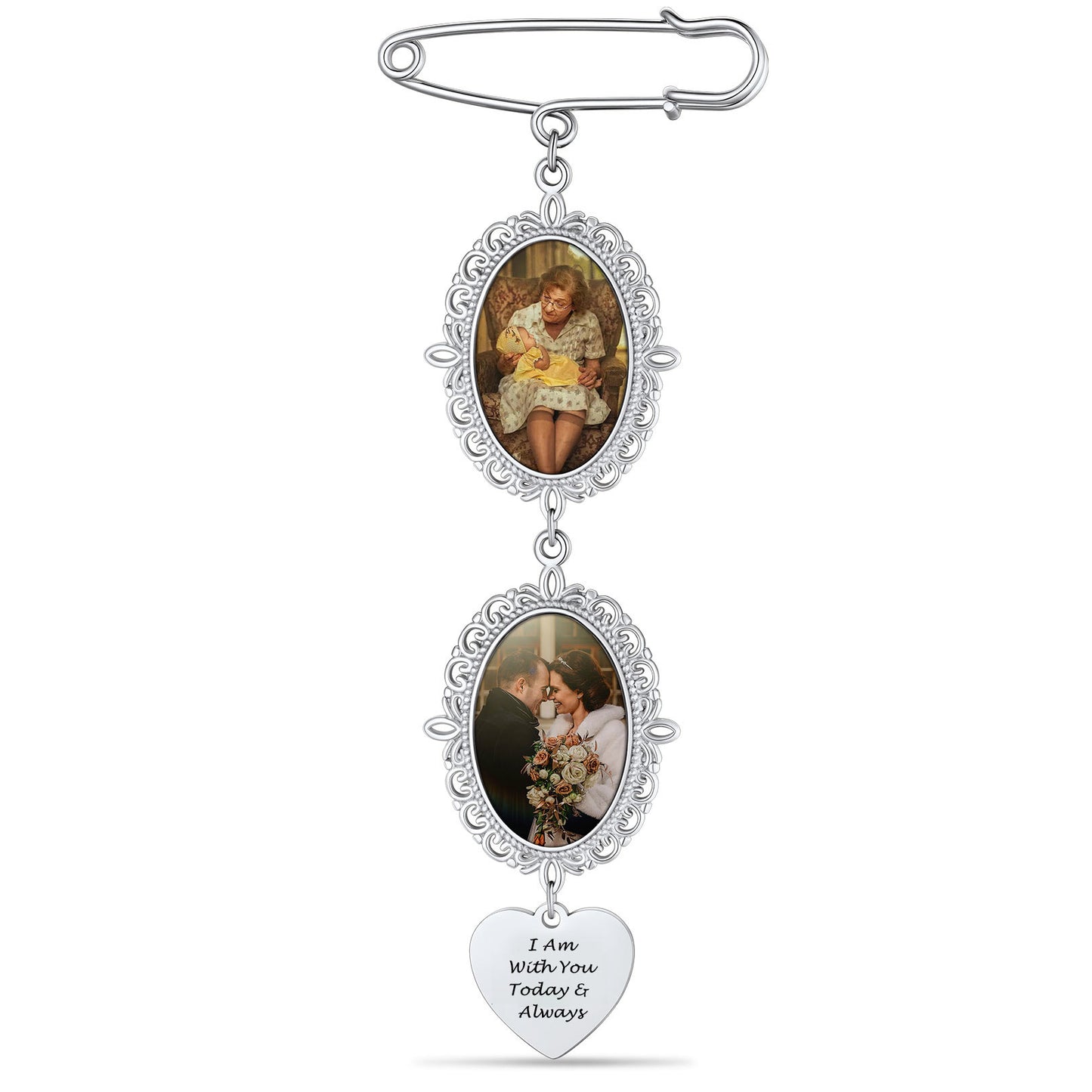 Personalized Bouquet Photo Charms Memorial Brooch for Wedding on a white background