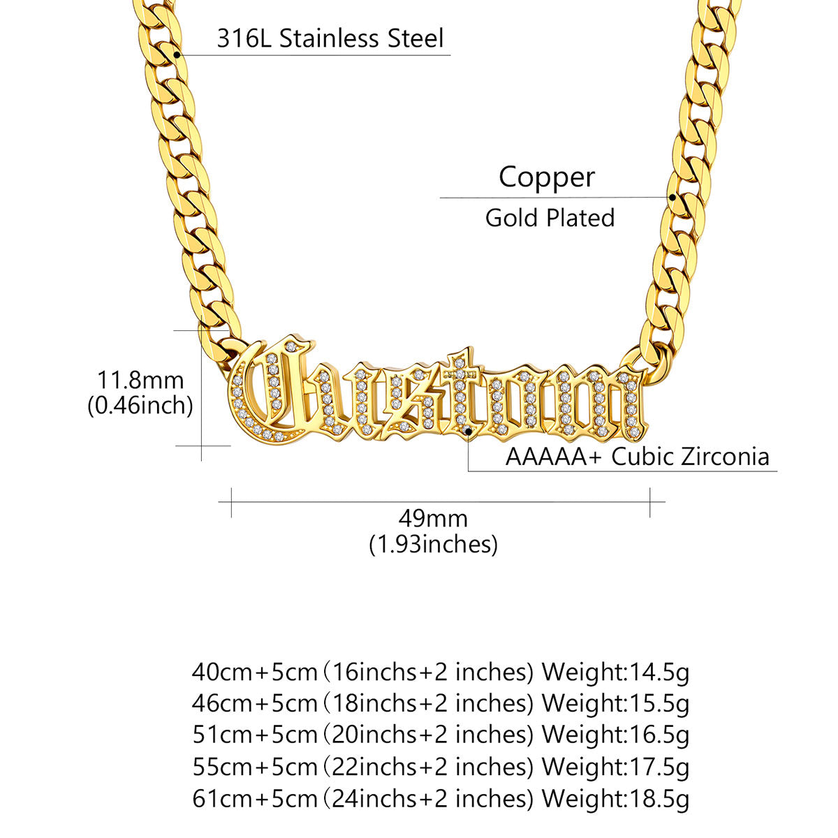 Personalized CZ Nameplated Cuban Chain Necklace Dimension, Durable