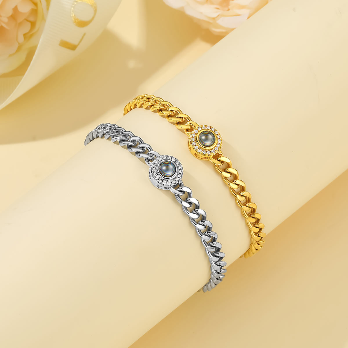 Personalized CZ Photo Projection Bracelet Cuban Chain Bracelet