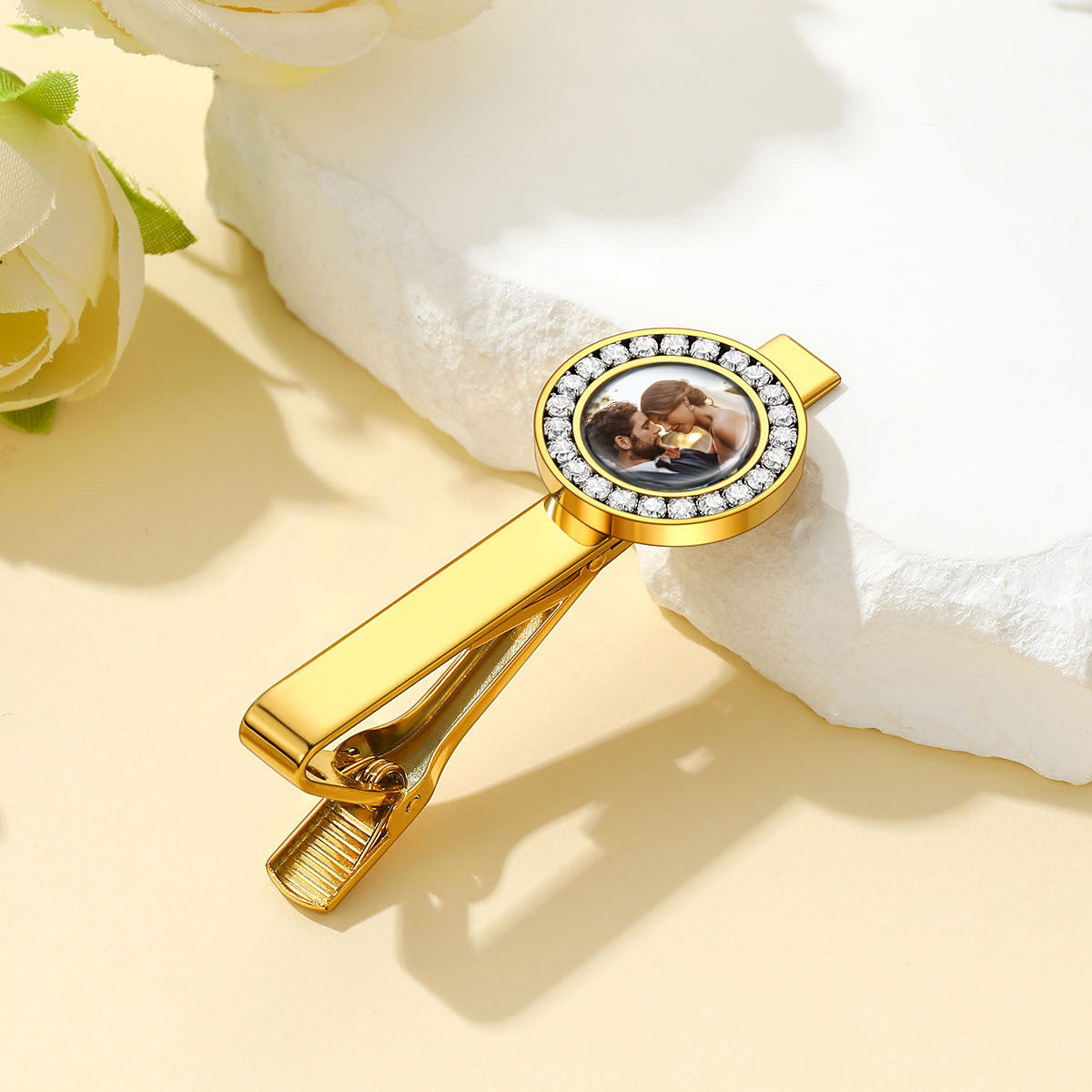 Personalized CZ Picture Tie Clip Gold Plated