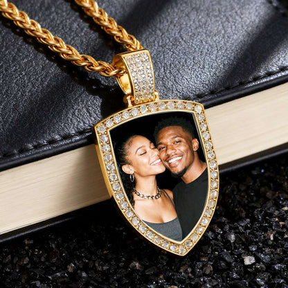 Personalized CZ Shield Pictures Necklace Gold Plated