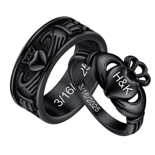 Personalized Claddagh Promise Rings for Couple Black Plated