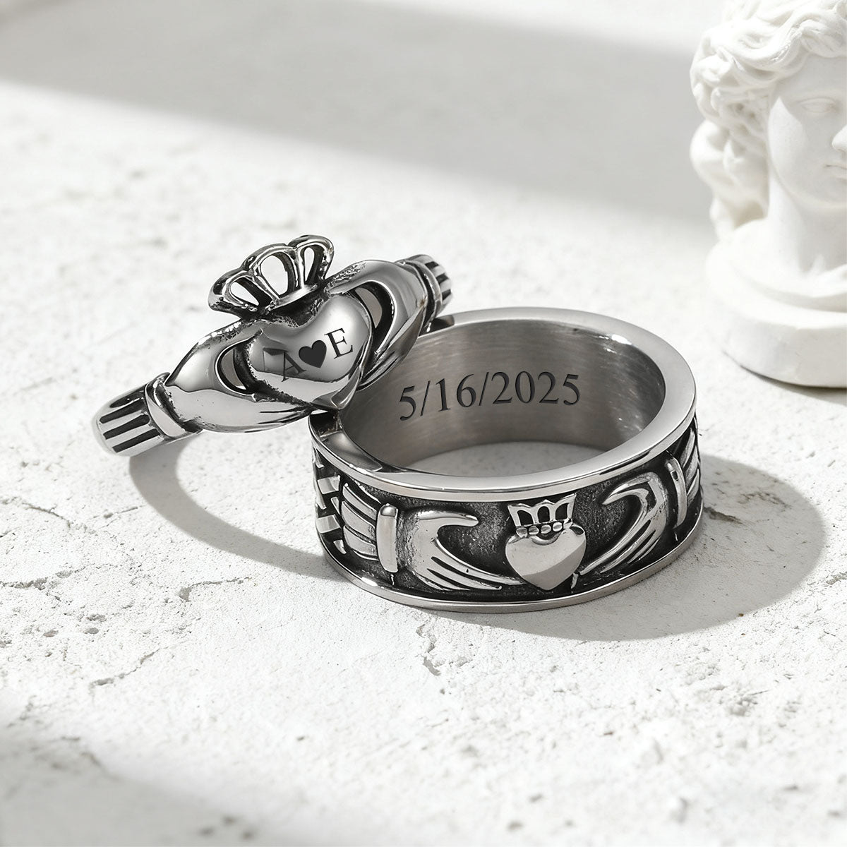 Personalized Claddagh Promise Rings in Stainless Steel