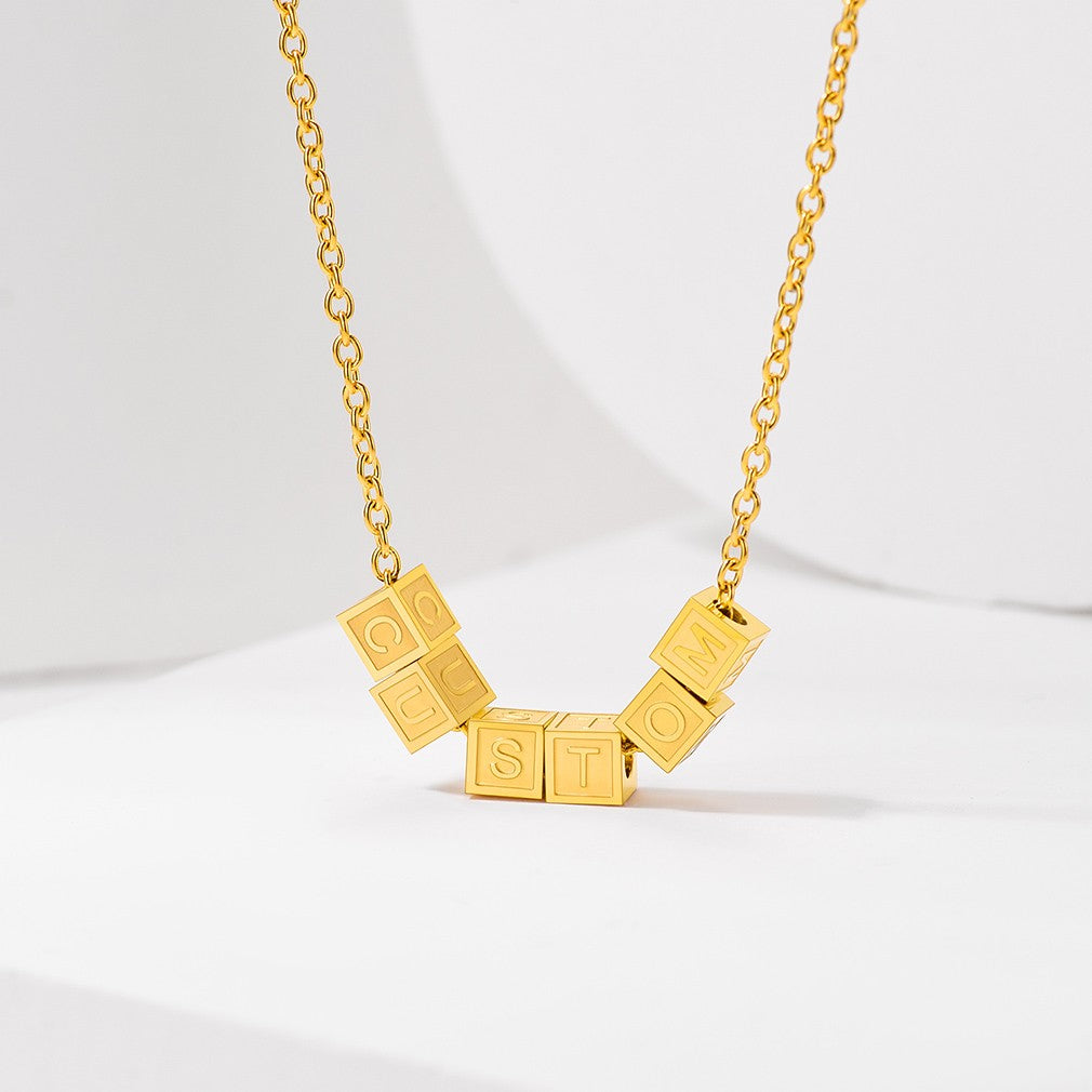 Personalized Cube Bead Initial Necklace Gold Plated