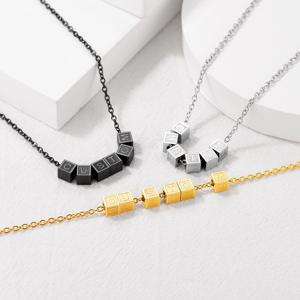 Personalized Cube Bead Initial Necklace in different color