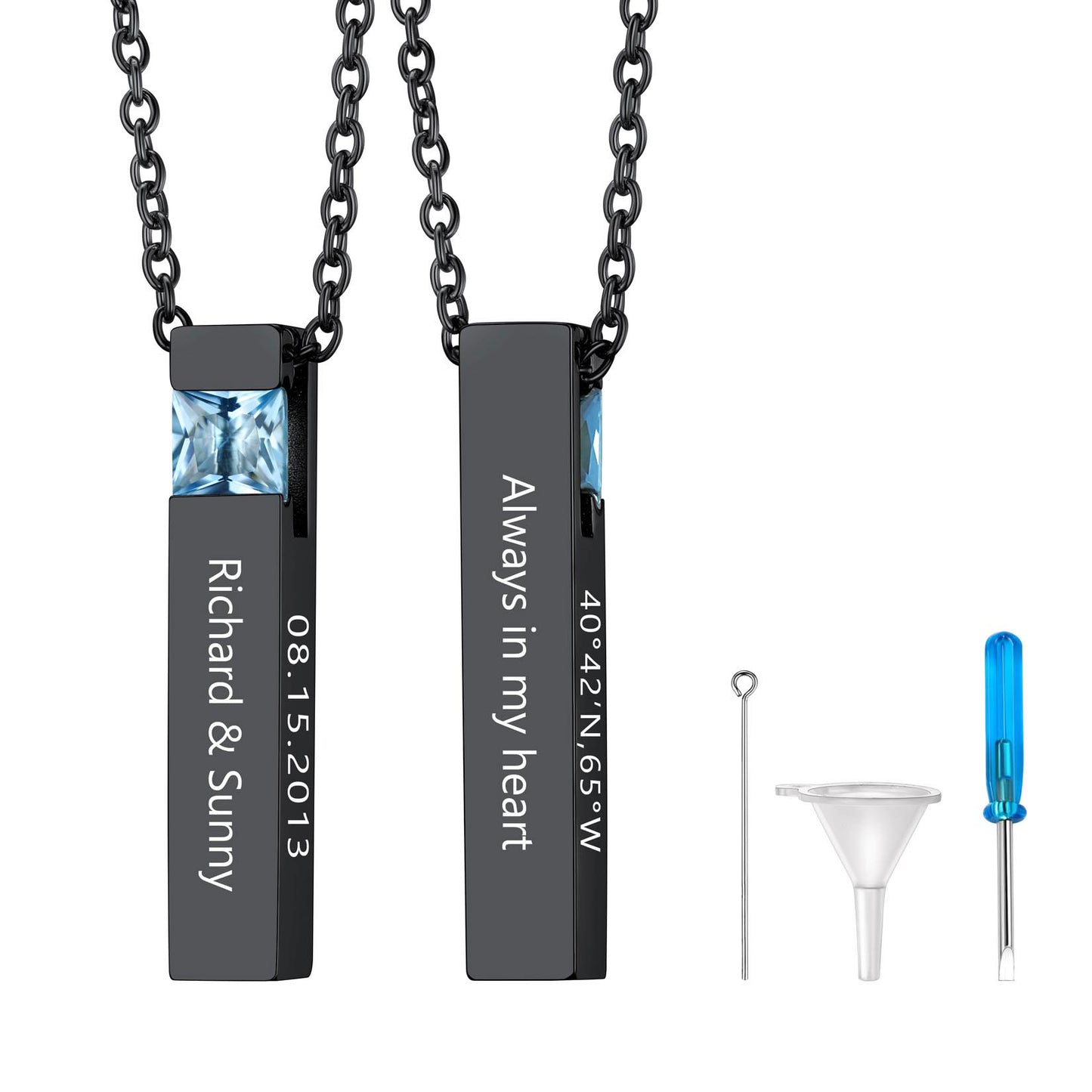 Personalized Cube Birthstone Urn Necklaces Black Plated