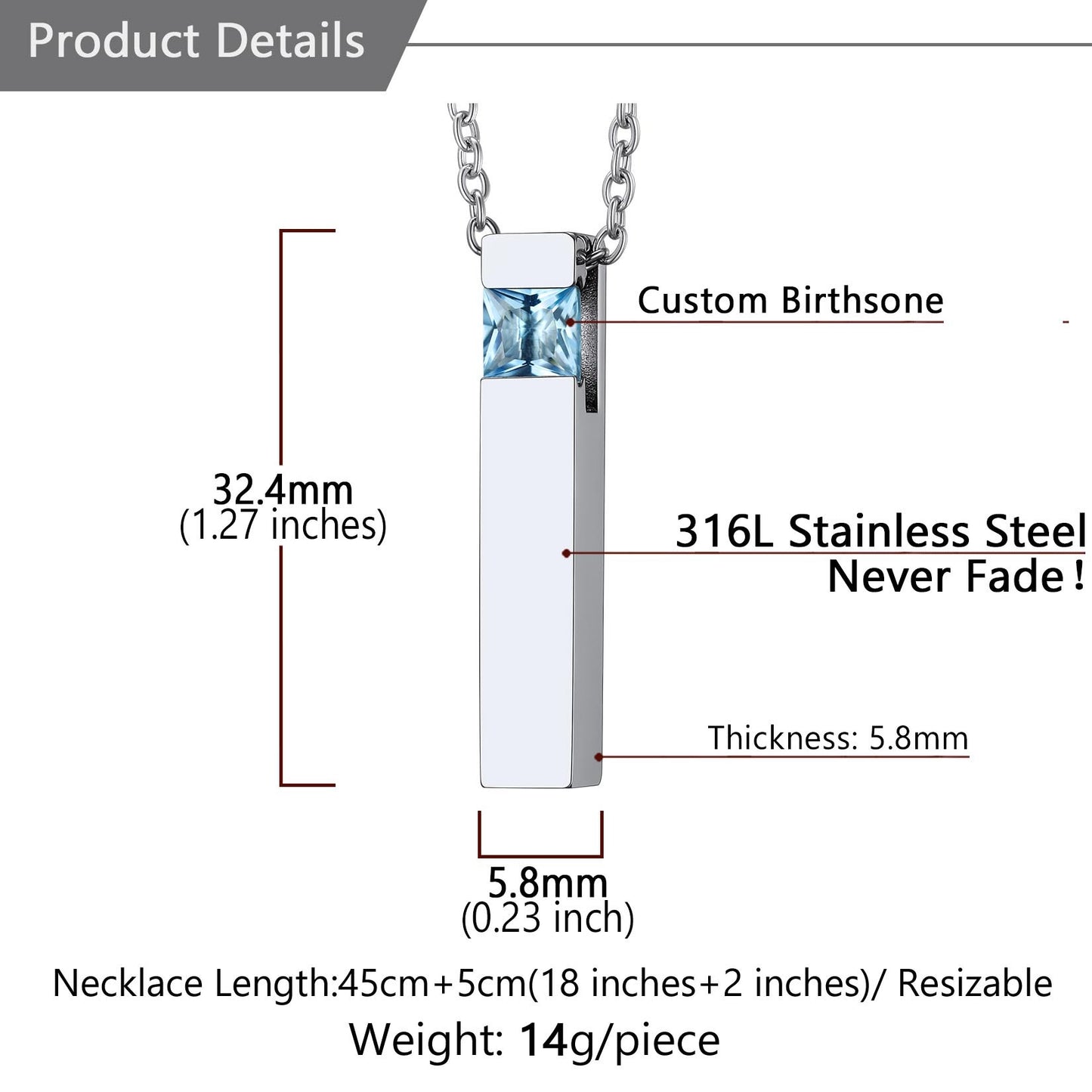 Personalized Cube Birthstone Urn Necklaces Dimension, Durable