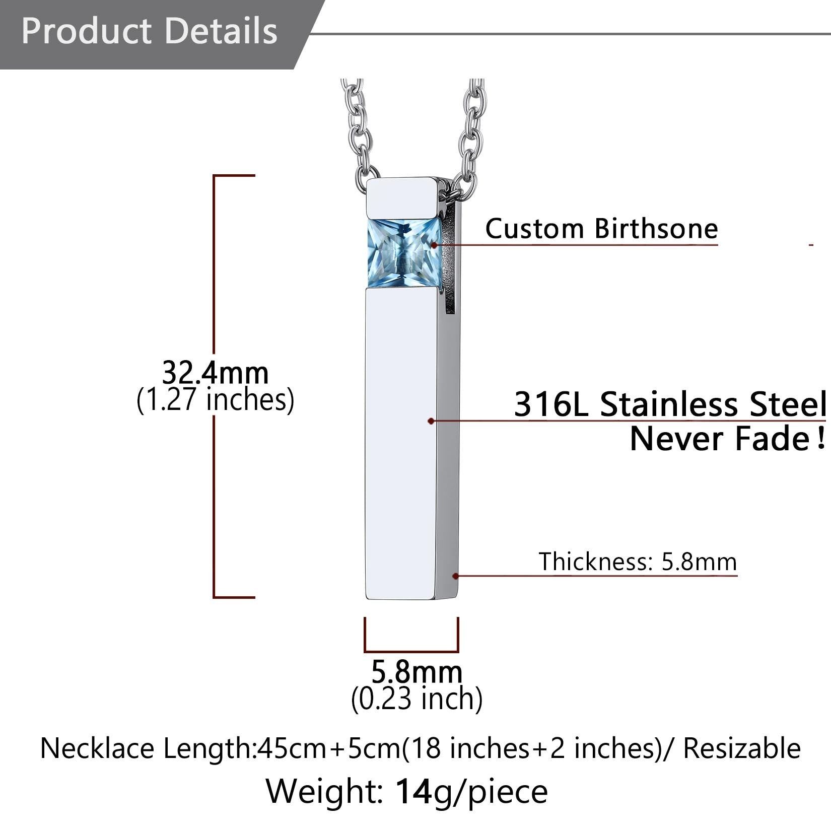 Personalized Cube Birthstone Urn Necklaces Dimension, Durable