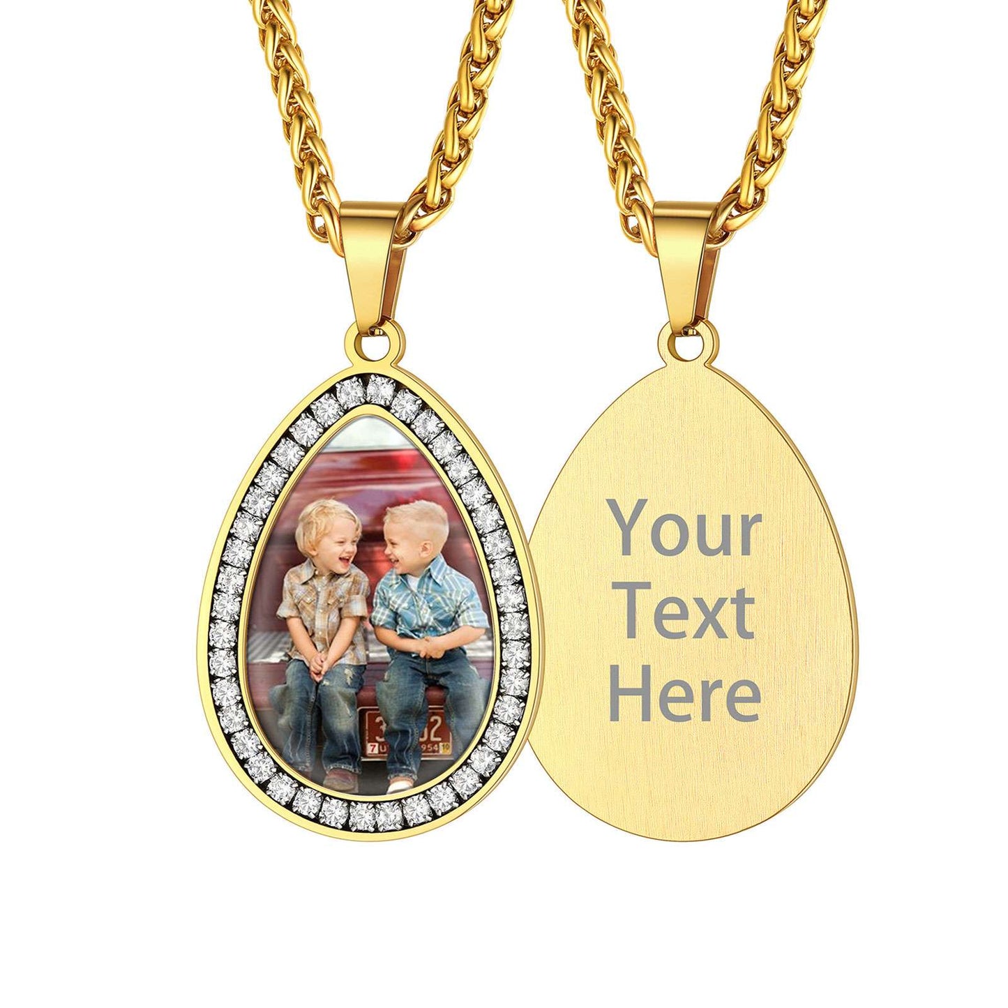 Personalized Cubic Zirconia Teardrop Picture Necklace Gold