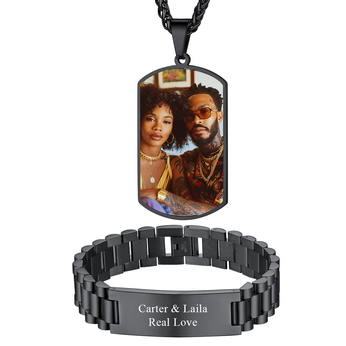 Personalized Double Sided Photo Dog Tag Necklace & Engraved Bracelet Set Black Plated