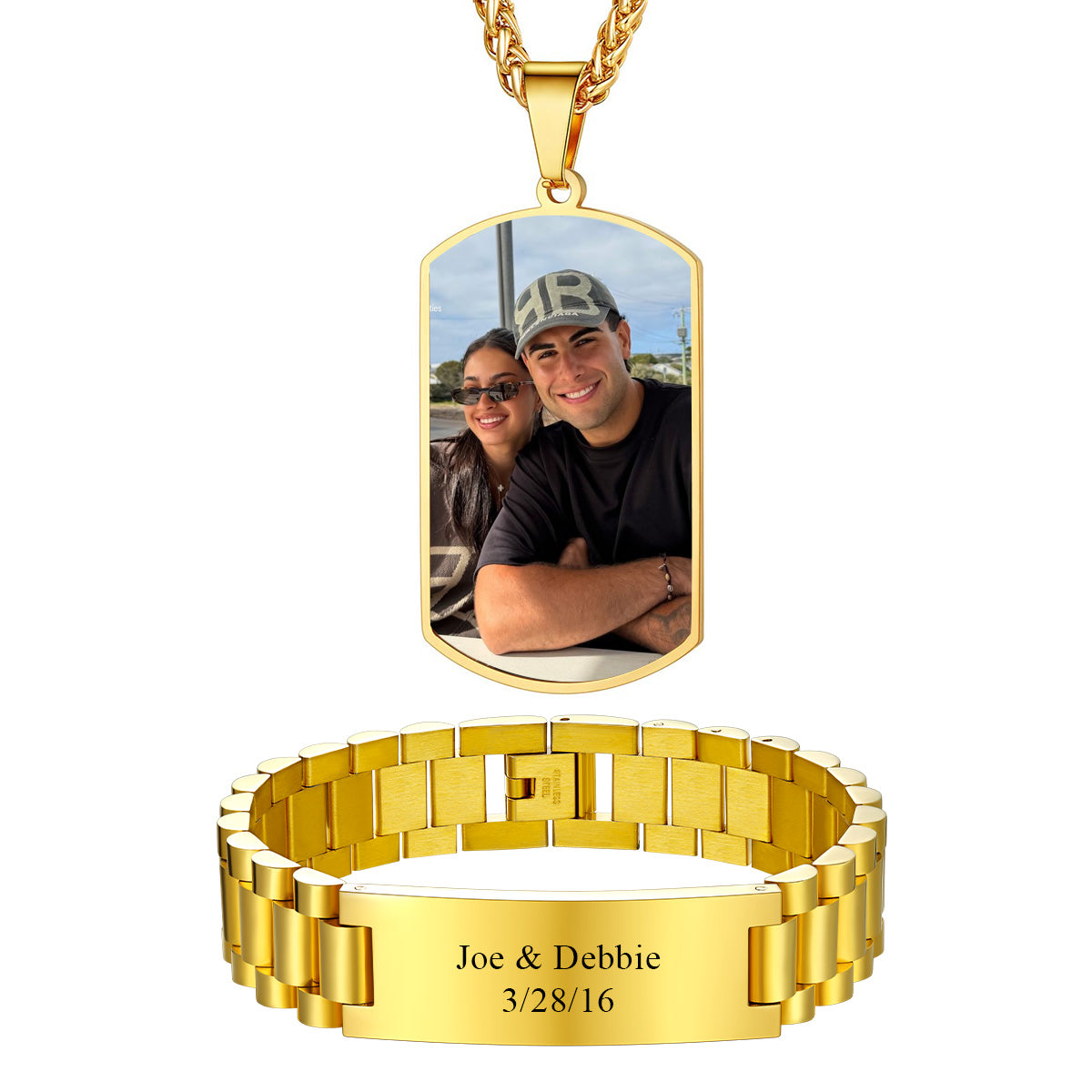 Personalized Double Sided Photo Dog Tag Necklace & Engraved Bracelet Set Gold Plated