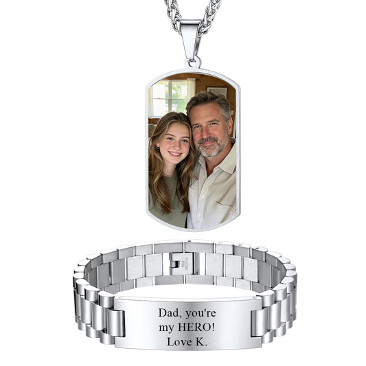 Personalized Double Sided Photo Dog Tag Necklace & Engraved Bracelet Set Steel