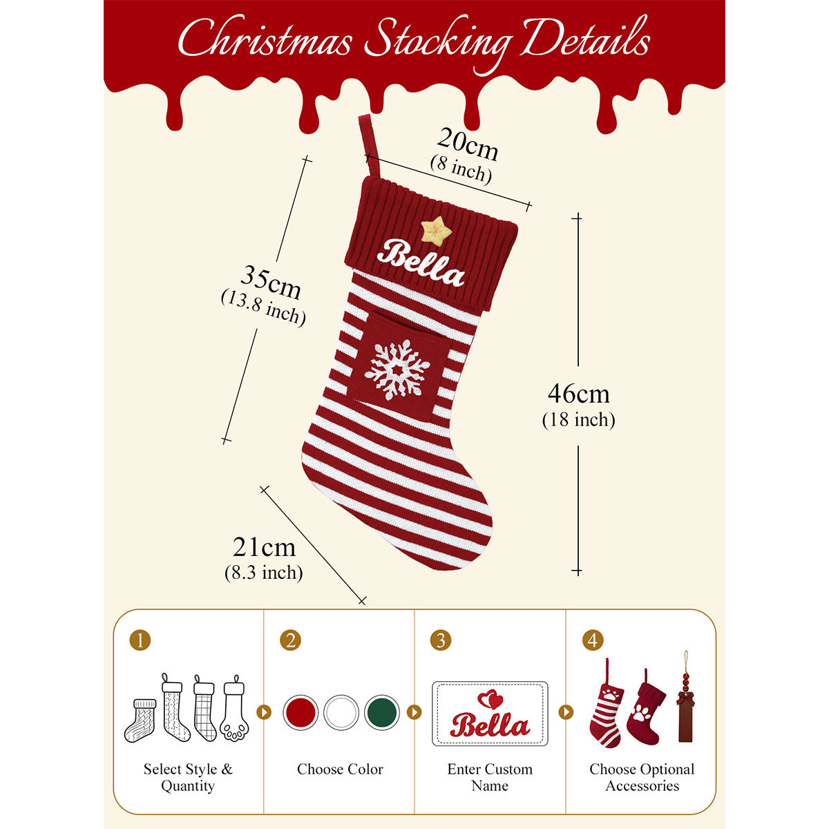 Personalized Embroidered Name Striped Christmas Stocking with Holiday Decor handing on the fireplace Dimension, Durable