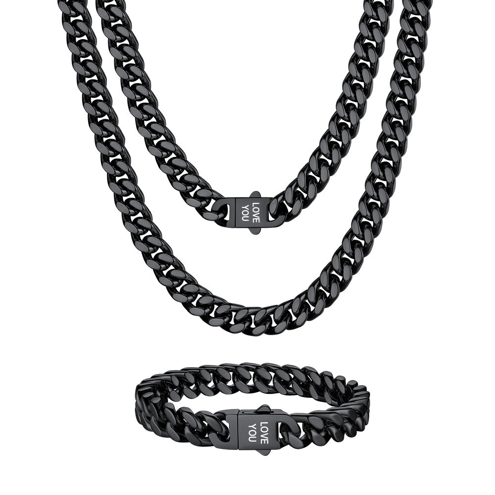Personalized Engravable Cuban Chain Necklace & Bracelet Set 9MM Black Plated