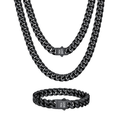 Personalized Engravable Cuban Chain Necklace & Bracelet Set 9MM Black Plated