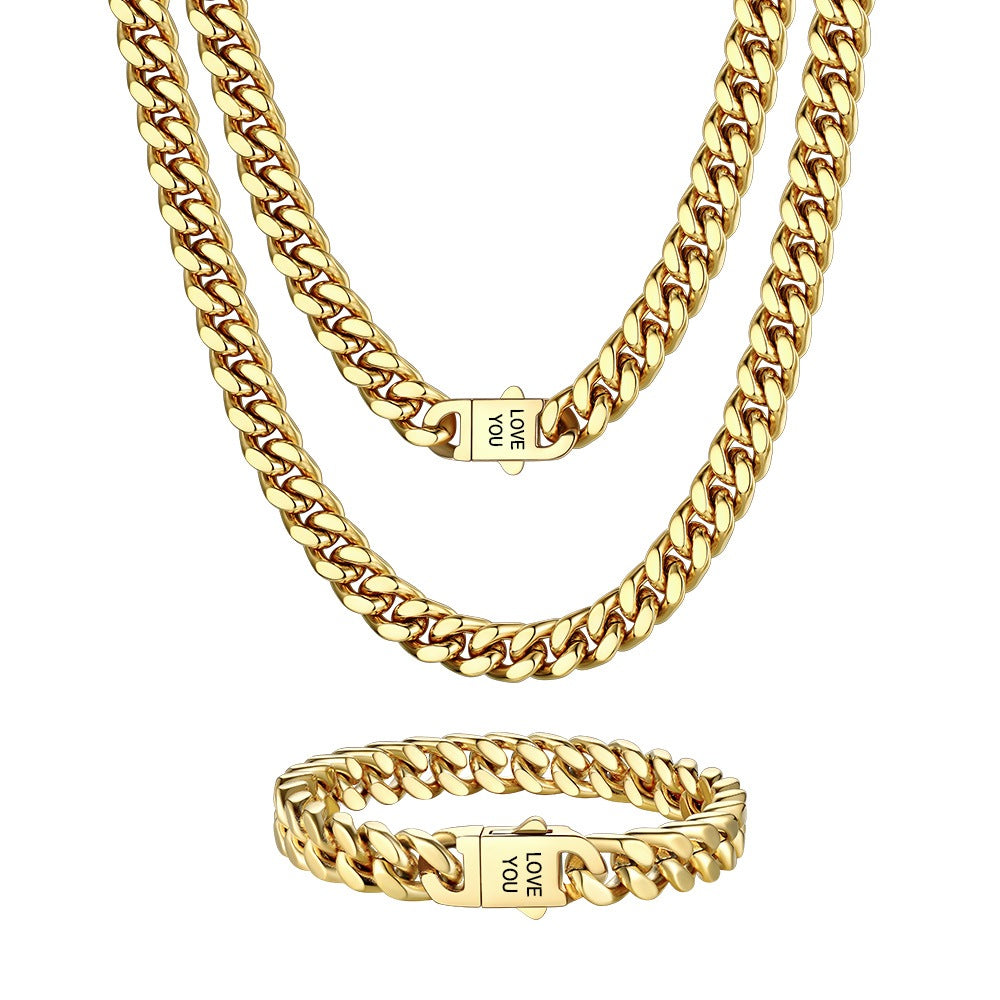 Personalized Engravable Cuban Chain Necklace & Bracelet Set 9MM Gold Plated