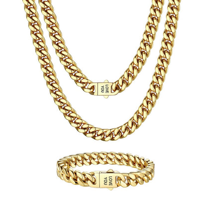 Personalized Engravable Cuban Chain Necklace & Bracelet Set 9MM Gold Plated